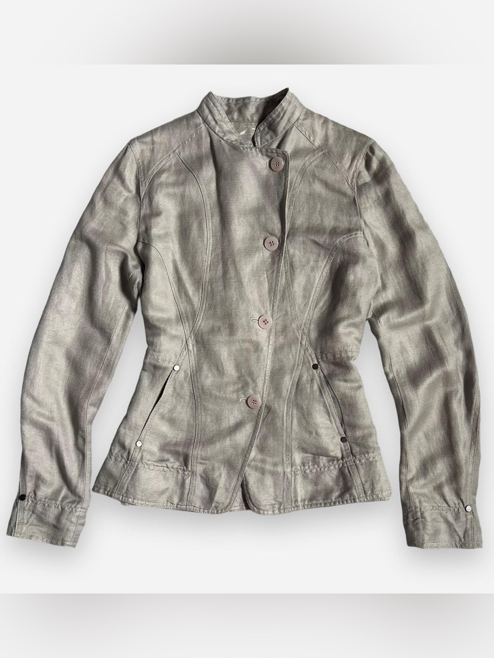 asymmetrical grey linen button up blazer